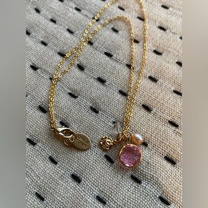 Danielle Stevens Jewelry gold plated pearl crystal pink charm necklace 16” chain